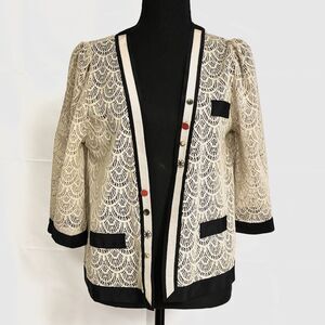 Corey Lynn Calter Jacket Cardigan Beige Lace Black Silk Trim Topper